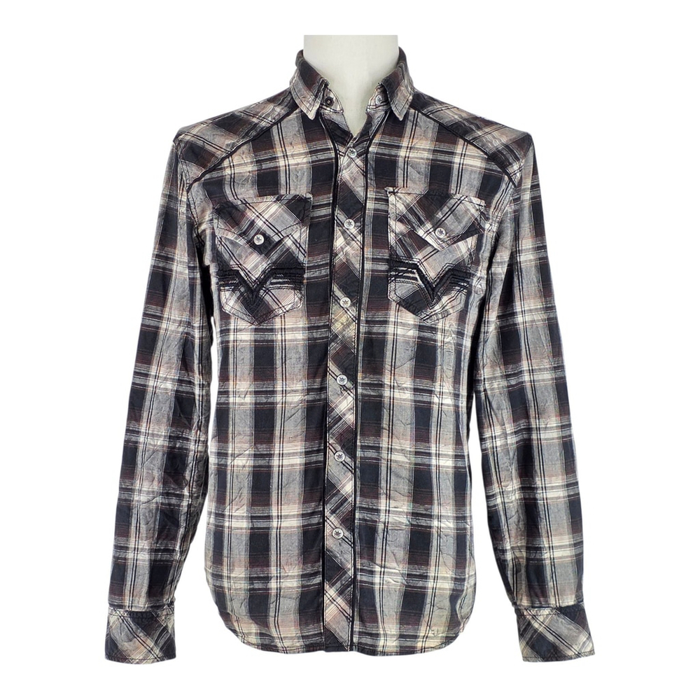 2K Moto-Grunge Affliction Premium Button-Up Shirt Men L Black/Brown Plaid...